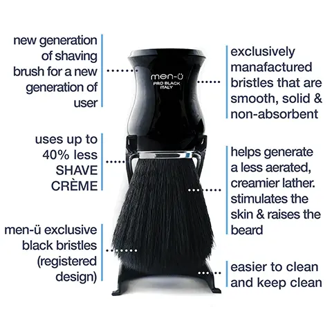 Image 1, new generation of shaving brush for a new generation of user
              uses up to 40% less SHAVE CRÈME men-ü exclusive black bristles (registered design) exclusively manafactured bristles that are smooth, solid & non-absorbent helps generate a less aerated, creamier lather. stimulates the skin & raises the beard easier to clean and keep clean Image 2,  PRO BLACK SHAVING BRUSH EXCLUSIVE MEN-U BRISTLES  A new generation of shaving brush for a new generation of user. Exclusive men-ü bristles are manufactured to be smooth, solid & non-absorbent. Animal bristles such as badger are like human hair - scaly, often with a hollow core and split ends. SHAVE CREAM 15m UP TO 20 SHAVES High proportion of modern active ingredients, packed with lubricants & moisturisers. Only what is in contact between skin & blade matters all else is wasted. Better performing & up to 4 x longer lasting. less resistance means less nicks and cuts. HEALTHY FACIAL WASH 15ml UP TO 30 WASHES Soap free, ph balanced & deep cleansing with witch hazel for soothing & astringency. Great for T-zone, pre & post shaving. Includes tea tree oil that helps protect from spots & shaving rash. Aloe Vera & pro Vitamin B5. FACIAL MOISTURISER LIFT 15ml UP TO 20 APPS After shave balm and moisturiser combined. Great for use on the face after a bath, shower or face wash, when looking to overcome that just woken up feeling. A non greasy moisturiser with mint & menthol to cool, refresh & help relieve redness. MATT 'SKIN REFRESH' GEL 15ml UP TO 20 APPS Anti-shine and fragrance free toner gel. Contains natural salicylic acid and witch hazel that leaves your visual frontline looking better for longer! For normal, combination and oily skin. Cleans pores from impurities, toning and tightening the skin. Image 3, cleans pores from impurities, toning and tightening the skin removes ..and controls excess oil natural salicylic acid & witch hazel leave your visual frontline looking better for longer anti-shine and fragrance free toner gel for normal, combination and oily skin Image 4,  aftershave balm and moisturiser combined great for use on the face after a bath, shower or face wash, when looking to overcome that just woken up feeling non-greasy moisturiser mint and menthol to cool, refresh & help relieve redness leaves skin soft and hydrated