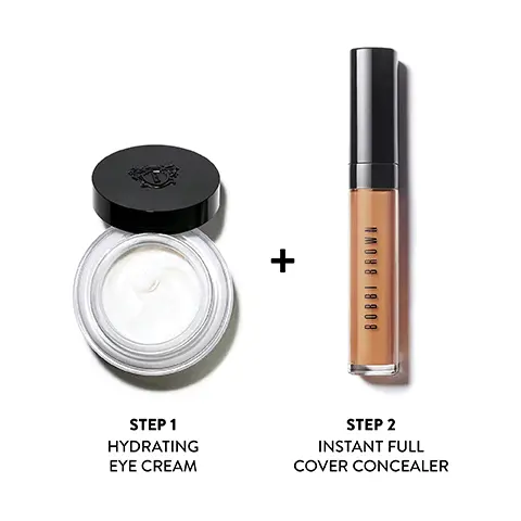Image 1, Step 1: Hydrating eye cream, Step 2: instant full cover concealer. Image 2,Model arm swatch of all shades