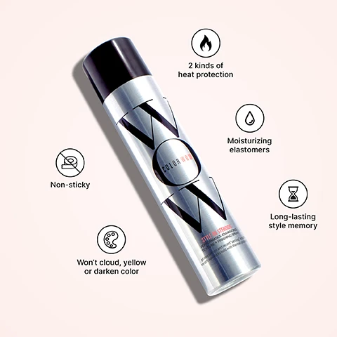 Image 2 - A silver spray can labeled COLOR WOW with large black lettering, surrounded by icons indicating features like non-sticky, two kinds of heat protection, moisturizing elastomers, and long-lasting style memory.
              Image 3 - A smiling woman with long, wavy hair is holding a can of hair product labeled as WOW, against a plain background, with the text WONT CLOUD COLOR OR DULL SHINE displayed near her.