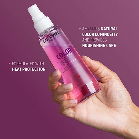 Image 1 - A hand holds a pink spray bottle of Goldwell Dualsenses Color Brilliance Spray Serum, 150ml, with text on the purple background reading FORMULATED WITH HEAT PROTECTION and AMPLIFIES NATURAL COLOR LUMINOSITY AND PROVIDES NOURISHING CARE. Image 2 - A pink Goldwell Dualsenses Color Brilliance Serum Spray bottle with two white droplets is displayed on a light gray background alongside text that reads THE NEXT GENERATION OF COLOR LUMINOSITY The new Luminescine technology transforms non-visible UV light into visible light for magnificent brilliance MicroPROtec complex + FadeStopFormula + Luminescine = SUPERB COLOR BRILLIANCE. Image 3 - A translucent pink spray bottle of Goldwell Dualsenses Color Brilliance Serum Spray with a white nozzle floats next to its white cap against a solid magenta background, displaying the text GOLDWELL DUALSENSES COLOR BRILLIANCE SERUM SPRAY SPRÜH SERUM 150ml | 5 FL.OZ, and at the bottom ClimatePartner certified product climate-id.com/PBNVQ3 CO₂ measure reduce contribute.