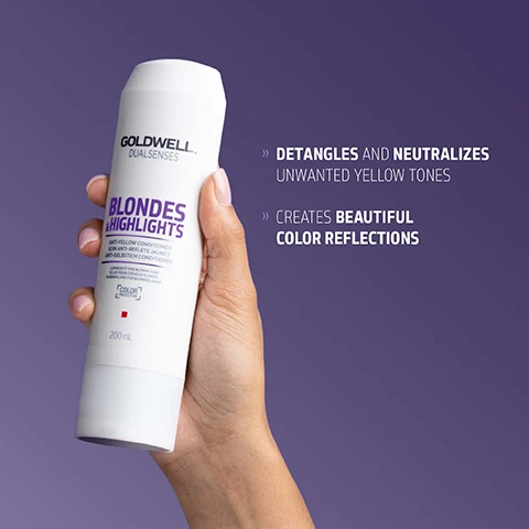 Image 1 - A hand holds a white bottle of Goldwell Dualsenses Blondes & Highlights Anti-Yellow Conditioner, Soin Anti-Reflets Jaunes, Anti-Gelbstich Conditioner, Luminosity for Blonde Hair, Éclat Pour Cheveux Blonds, Glanz Für Blondes Haar, Color Protection, 200 mL, against a purple background with text that reads Detangles and Neutralizes Unwanted Yellow Tones and Creates Beautiful Color Reflections. Image 2 - A white bottle of Goldwell Dualsenses Blondes & Highlights conditioner with a blob of purple product on top is shown, with text on the bottle reading GOLDWELL DUALSENSES BLONDES & HIGHLIGHTS ANTI-YELLOW CONDITIONER SOIN ANTI-REFLETS JAUNES ANTI-GELBSTICH CONDITIONER LUMINOSITY FOR BLONDE HAIR LUMINOSITE POUR CHEVEUX BLONDS LUMINOSITÄT FÜR BLONDES HAAR COLOR PROTECTION 200 mL, and accompanying text stating THE NEXT GENERATION OF COLOR LUMINOSITY The new Luminescine technology transforms non-visible UV light into visible light for magnificent brilliance MicroPROtec complex + FadeStopFormula + Luminescine = SUPERB COLOR BRILLIANCE. Image 3 - A white Goldwell Dualsenses Blondes & Highlights conditioner bottle with purple lettering is shown, displaying text including Anti-Yellow Conditioner, Soin Anti-Reflets Jaunes, Anti-Gelbstich Conditioner, Luminosity For Blonde Hair, Eclat Pour Cheveux Blonds, Farbglanz Für Blondes Haar, Color Luminosity, and 200 mL, positioned next to a PETA Approved Global Animal Test Policy logo and a ClimatePartner certified product logo which also shows climate-id.com/PBNVQ3 and CO2 measure reduce contribute.