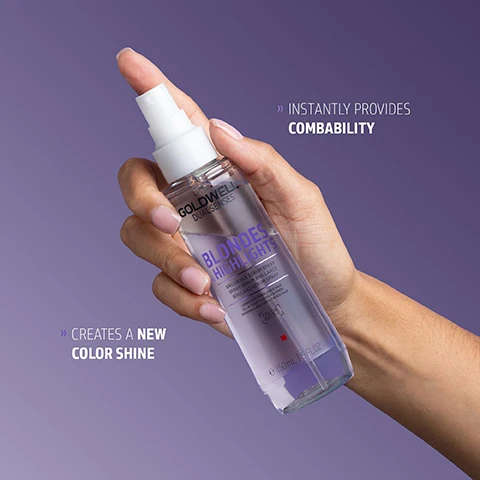 Image 1 - A hand holds a clear spray bottle against a purple background with visible text GOLDWELL DUALSENSES BLONDES & HIGHLIGHTS BRILLIANCE SERUM SPRAY SPRAY SÉRUM BRILLANCE BRILLANZ SERUM SPRAY e 150ml / 5 FL.OZ, and surrounding text INSTANTLY PROVIDES COMBABILITY CREATES A NEW COLOR SHINE. Image 2 - A clear Goldwell Dualsenses Blondes & Highlights Brilliance Serum Spray bottle with a white pump cap is shown against a light grey background, with visible text on the bottle reading Goldwell Dualsenses Blondes & Highlights Brilliance Serum Spray Luminosity for Blonde & Highlighted Hair Color Protection e 150ml / 5 FL.OZ, and accompanying text to its right stating The Next Generation of Color Luminosity The new Luminescine technology transforms non-visible UV light into visible light for magnificent brilliance MicroPROtec complex + FadeStopFormula + Luminescine = Superb Color Brilliance. Image 3 - A purple Goldwell Dualsenses Blondes Highlights Radiance Serum Spray bottle floats upright with its white cap detached below it, displaying the text GOLDWELL DUALSENSES BLONDES HIGHLIGHTS RADIANCE SERUM SPRAY SPRAY SÉRUM ÉCLAT 150 ML / 5 FL.OZ COLOR LOVERS, along with ClimatePartner certified product climate-id.com/PBNVQ3 and CO2 measure reduce contribute text at the bottom.
