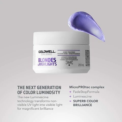 Image 1 - A white jar of Goldwell Dualsenses Blondes & Highlights 60sec Treatment Masque with a purple swirl of product above it, is shown with accompanying text that reads: GOLDWELL. DUALSENSES BLONDES & HIGHLIGHTS 60SEC TREATMENT MASQUE 60SEC - 60SEK-PFLEGEKUR LUMINOSITY FOR BLONDE HAIR ÉCLAT POUR CHEVEUX BLONDS FARB BRILLANZ FÜR BLONDES HAAR COLOR PROTECTION 200 ML THE NEXT GENERATION OF COLOR LUMINOSITY The new Luminescine technology transforms non-visible UV light into visible light for magnificent brilliance MicroPROtec complex + FadeStopFormula + Luminescine = SUPERB COLOR BRILLIANCE. Image 2 - A persons hand holds a white jar of purple hair mask, while fingers from another hand dip into the product, with visible text Goldwell Dualsenses Blondes & Highlights 60sec Treatment Masque 60sec. Soin Régénérateur Luminous Blonde Color For Blonde And Highlighted Hair Blondes & Mèches Color 200 ML, Regenerates hair instantly up to 100% in 60 seconds, and Neutralizes unwanted yellow tones for luminous blonde color reflections. Image 3 - A white jar of Goldwell Dualsenses Blondes & Highlights 60sec Treatment Masque Soin hair product floats above a purple background, with text and a QR code below it that reads ClimatePartner certified product climate-id.com/PBNVQ3 and CO2 measure reduce contribute.