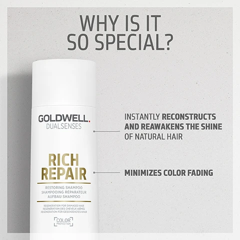 image 1, why is it so special? instantly reconstructs and reawakens the shine of natural hair. minimises colour fading. image 2, did you know? with intralipid complex, which repairs hair from the inside out. image 3, instantly reconstructs, reawakens the shine of natural hair. minimises colour fading with fade stop formula. image 4, complete your hair care routine. rich repair restoring shampoo, conditioner and serum spray. image 5, complete your hair care routine. rich repair restoring shampoo, conditioner and6 effects serum