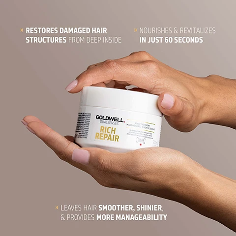 Image 1 - A pair of hands gently holds a white jar of Goldwell Dualsenses Rich Repair Advance Treatment Masque Nutri Reparateur 200ml 6.7 fl.oz, with surrounding text that reads RESTORES DAMAGED HAIR STRUCTURES FROM DEEP INSIDE, NOURISHES & REVITALIZES IN JUST 60 SECONDS, and LEAVES HAIR SMOOTHER, SHINIER, & PROVIDES MORE MANAGEABILITY. Image 2 - A white tub of Goldwell Dualsenses Rich Repair 60sec Treatment hair masque is presented with a creamy swatch of product and a clear liquid droplet, featuring the text: GOLDWELL. DUALSENSES RICH REPAIR 60SEC TREATMENT MASQUE 60SEC 60SEK PFLEGEKUR REGENERATION FOR DAMAGED HAIR REGENERATION DES CHEVEUX ABIMES REGENERATION FÜR GESCHÄDIGTES HAAR COLOR PROTECTION 200ml / 6.7 FL.OZ. INTRALIPID COMPLEX - REPAIR FROM INSIDE THE HAIR Lipids are replaced effectively and deeply - for intensive regeneration of the inner hair structure REPAIR OF THE HAIR SURFACE The damaged lipid structure of the cuticula layer is repaired. Image 3 - A white jar, angled, displays Goldwell Dualsenses Rich Repair 60sec Treatment, Masque 60sec - 60sek Pflegekur, Regeneration for damaged hair, Regeneration des cheveux abimes, Regeneration für geschädigtes Haar, with a Color Luminosity logo, 200ml Net Wt. 6.7 Fl. Oz., while below it are the ClimatePartner certified product logo with climate-id.com/PBNVQ3 and text CO2 measure reduce contribute.