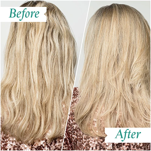 Image 1, before and after. Image 2, key benefits = deeply conditioning, reduces breakage, anti static formula, adds shine and strength. image 3, key ingredients. guar = conditioning agent which helps to reduce static, while retaining natural volune. silicone - adds shine and reducrs static withouth adding weight. hydrolyzed elastin - helps strands stretch under tension