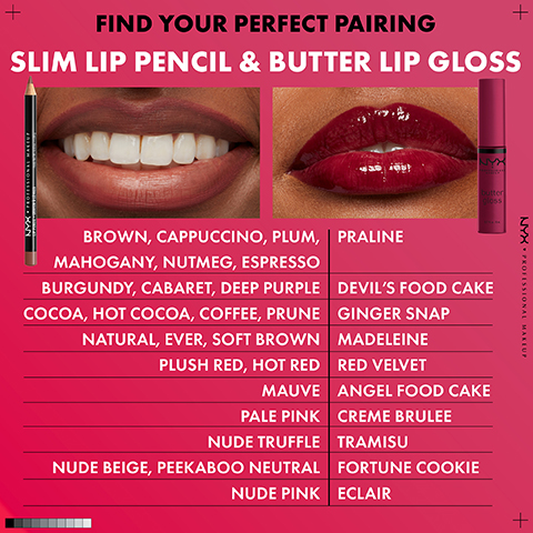 Image 5 - Image features close-ups of lips wearing matte and glossy lip color, a lip pencil, and a lip gloss tube, alongside a list of lip pencil and butter gloss shades with the text FIND YOUR PERFECT PAIRING SLIM LIP PENCIL & BUTTER LIP GLOSS NYX PROFESSIONAL MAKEUP BROWN, CAPPUCCINO, PLUM, MAHOGANY, NUTMEG, ESPRESSO BURGUNDY, CABARET, DEEP PURPLE COCOA, HOT COCOA, COFFEE, PRUNE NATURAL, EVER, SOFT BROWN PLUSH RED, HOT RED MAUVE PALE PINK NUDE TRUFFLE NUDE BEIGE, PEEKABOO NEUTRAL NUDE PINK PRALINE DEVILS FOOD CAKE GINGER SNAP MADELEINE RED VELVET ANGEL FOOD CAKE CREME BRULEE TRAMISU FORTUNE COOKIE ECLAIR.