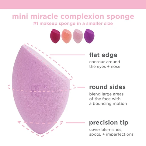 Image 1, mini miracle complexion sponge. number 1 makeup sponge in a smaller size. flat edge contour around eyes and nose. round sides blend large areas of the face with a bouncing motion. precision tip cover blemishes and imperfections. image 2, mini sponges can be used with, loose powder, pressed powders, blush, highlighter, foundations, concealers, BB creams, primers. dry use for fuller coverage. wet use for lightweight coverage. image 3, mini miracle complexion sponge, number 1 sponge evenly blends makeup for a natural dewy glow. easily bounces and blends to distribute the product. provides smooth and even coverage for a streak free flawless finish. micro-fine pores helps to minimize absportion of liquid and cream makeup to decrease waste. image 4, seamless application for an airbrushed look.