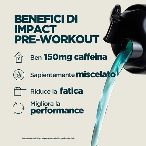Image 1 - An image advertising pre-workout benefits with a black shaker bottle pouring blue liquid on the right, and text on the left listing: BENEFICI DI IMPACT PRE-WORKOUT, Ben 150mg caffeina, Sapientemente miscelato, Riduce la fatica, Migliora la performance, Per una dose di 11.5g del gusto Arancia Mango Passionfruit. Image 2 - An image split vertically with an orange, bubbly liquid on the left and a teal, bubbly liquid on the right, displaying the text 3 GUSTI DELIZIOSI PER MIGLIORARE LA PERFORMANCE. Image 3 - A beige Myprotein supplement bag labeled MYPROTEIN IMPACT Pre-Workout is visible on the right, while on the left, a list of product features reads: 20 ANNI DI CONTINUO PERFEZIONAMENTO, Ideato con professionalità da nutrizionisti, Qualità assicurata da tester indipendenti, Formule ridefinite da ricerche reali, Prodotto da Myprotein e le sue strutture allavanguardia.