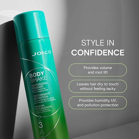 Image 2 - A green aerosol can of Joico Body Shake Texturizing Finisher is displayed alongside text that reads STYLE IN CONFIDENCE, Provides volume and root lift, Leaves hair dry to touch without feeling tacky, and Provides humidity, UV, and pollution protection.