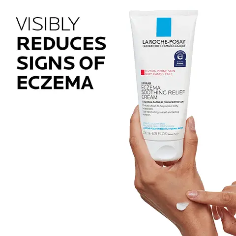 Image 1, visibly reduces signs of eczema. Image 2, 1% colloidal oatmeal and shea butter and prebiotic thermal spring water, soothing non greasy cream texture, relieves itchy and irritated skin. Image 3, Dermatologist recommended: after showing or bathing. I recommend that my patients gently pat skin with a washcloth and apply the eczema cream to damp skin to help improve absorption and lock in hydration. Image 4, Key dermatological ingredients: 1% colloidal oatmeal skin protectant, helps relieve minor skin irritation and itching due to eczema and rashes, LA roche posay prebiotic thermal spring water, soothing antioxidant a unique water rich in selenium a natural antioxidant, shea butter emollient sustainably sourced in burkina faso, known for its soothing and restoring properties. Image 5, Dermatologisted tested, allergy tested, oil free/non comedogenic and fragrance free