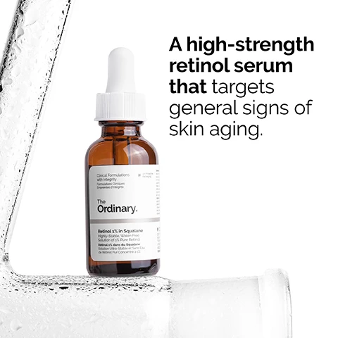 Image 1 - A brown glass bottle of retinol serum with a dropper cap, surrounded by water droplets and accompanied by the text A high-strength retinol serum that targets general signs of skin aging.
              Image 2 - Image of a textured surface with bubbles, featuring the text 1% retinol improves the appearance of fine and dynamic lines, while evening skin texture and tone. Squalane enhances surface-level hydration.
              Image 3 - A person with clear skin is applying a dropper of serum to their face with visible text that reads Apply daily in the evening. Use sun protection during the day.
              Image 4 - A smooth, clear liquid serum texture is shown with the text Anhydrous serum texture displayed prominently.
              Image 5 - Image shows a series of skincare product textures arranged in three rows labeled PREP, TREAT, and SEAL, with product types displayed: cleansers and toners in the PREP row, water-based serums, eye serums, and oils in the TREAT row with Anhydrous Solutions highlighted, and suspensions, moisturizers, and SPF in the SEAL row.