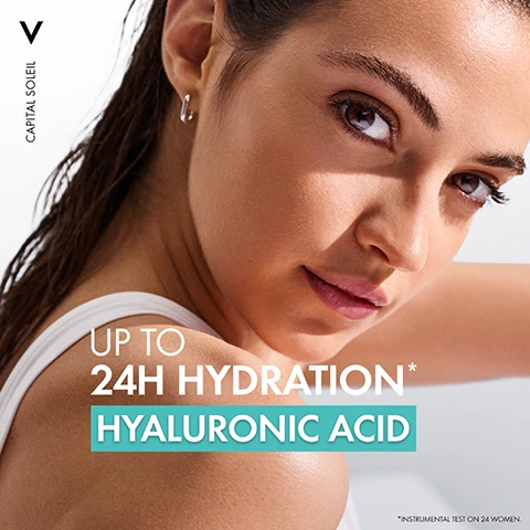 Image 1 - A close-up of a woman with a fresh and glowing complexion looking confidently towards the camera, accompanied by the text UP TO 24H HYDRATION* HYALURONIC ACID.
              Image 2 - A yellow spray bottle of Vichy Capital Soleil Solar Protective Water SPF 30 is held in a black silhouetted hand, with the text ULTRA-LIGHT and ULTRA-FRESH prominently displayed on the image.
              Image 3 - A hand holds a yellow spray bottle labeled Vichy Capital Soleil SPF 30, with text that reads SHAKE WELL BEFORE USE, APPLY EVERY 2 HOURS*, and SOLAR PROTECTIVE WATER.
              Image 4 - Image shows two sun protection products from Vichy: a white bottle labeled UV-AGE DAILY for face with 50 SPF and a yellow bottle labeled SOLAR WATER for body with 30 SPF, alongside the text HIGH UV SUN PROTECTION.