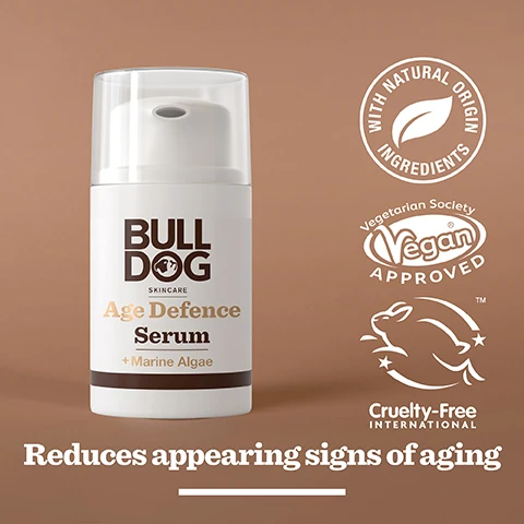 Image 2 - A white bottle with a pump contains Bulldog Age Defence Serum, featuring a label that includes the text BULL DOG SKINCARE Age Defence Serum + Marine Algae and additional symbols indicating vegan, cruelty-free, and natural ingredients, along with the phrase Reduces appearing signs of aging.
              Image 3 - Close-up of green powdered algae with text that states 97% Natural Origin, Unlock the true potential of natural origin ingredients, Marine Algae.
              Image 4 - A person holds a white skincare serum bottle labeled BULLDOG Age Defence Serum above an open palm, with the text Mature Skin visible at the bottom.
              Image 5 - A skincare product, Bulldog Age Defence Serum, is displayed on a surface, with visible text reading Reduce the appearance of fine lines and wrinkles.
              Image 6 - A hand holds a container of Bulldog skincare serum next to a Bulldog age defense eye roll-on and moisturizer on a countertop, with the text Reduce the appearance of fine lines and wrinkles displayed below the products.
