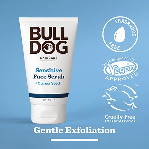 Image 2 - A white tube labeled Bulldog Skincare, featuring the text Sensitive Face Scrub + Quinoa Seed, 125 ml, and logos indicating it is fragrance free, vegan approved, and cruelty-free, with the phrase Gentle Exfoliation displayed below.
              Image 3 - An overhead view of scattered quinoa seeds on a light background with the text 98% Natural Origin, Unlock the true potential of natural origin ingredients, and Quinoa Seeds.
              Image 4 - A person holds a tube of Bulldog Skincare Sensitive Face Scrub, which features the text Sensitive Face Scrub + Quinoa Seed Gentle Exfoliation and 125 ml along with the phrase Sensitive Skin at the bottom.
              Image 5 - A tube of Bulldog Skincare Sensitive Face Scrub, featuring a white and blue design, sits on a stone surface, with text indicating it contains quinoa seed for gentle exfoliation and noting its recycled tube composition.
              Image 6 - Three Bulldog skincare tubes are displayed on a countertop, featuring Sensitive Face Scrub, Sensitive Moisturiser, and Sensitive Face Wash with visible text stating Gently Cleanses & Hydrates.