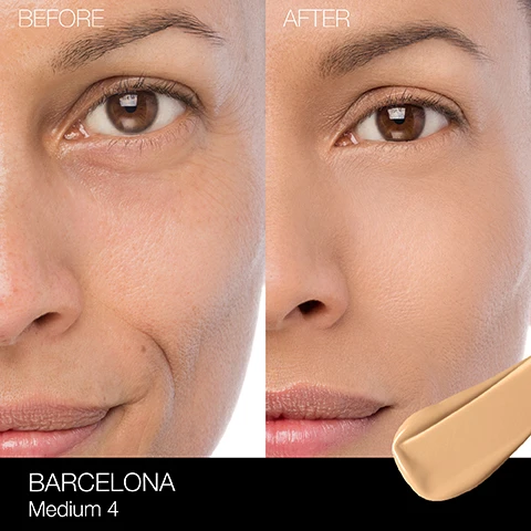 Image 1 - A split image showing a womans face with visible wrinkles and uneven skin tone on the left labeled BEFORE and the same womans face looking smoother and more even-toned on the right labeled AFTER, along with a color swatch and text BARCELONA Medium 4 at the bottom.
              Image 2 - Four makeup foundation bottles are arranged in a line with varying skin tones, featuring a central bottle with a dropper, and the text above reads LONGWEAR. LEVELED UP. with bullet points highlighting features such as 16H wear, full coverage—without the weight, transfer-, sweat-, & fade-resistant, and smooths texture over time.
              Image 3 - Image shows a grid of diverse skin tones labeled as Medium Shades, featuring individual faces with different complexions and undertones, along with the following text: Fiji - Light to medium with warm undertones, Punjab - Medium with warm undertones and a golden tone, Patagonia - Medium with neutral undertones, Vallauris - Medium with cool undertones, Santa Fe - Medium with warm undertones and a peach tone, Sahel - Medium with warm undertones and a peach tone, Stromboli - Medium with warm undertones and a yellow tone, Vanuatu - Medium-deep with neutral undertones, Barcelona - Medium-deep with warm undertones and a golden tone, Valencia - Medium-deep with cool undertones, Aruba - Medium-deep with warm undertones.
              Image 4 - A collage of four close-up portraits of women showcasing different skin concerns; the top image features a woman with light skin and visible freckles, labeled REDNESS, the second woman has medium skin with a clear complexion under the label HYPERPIGMENTATION, and the third woman has darker skin and freckles labeled BLEMISHES, with the title at the top reading SKIN CONCERNS. SOLVED.
              Image 5 - Image shows four different foundation products displayed in a grid format with descriptions of their coverage, finish, and benefits listed below each product. The visible text includes: COVER STARS, LIGHT REFLECTING FOUNDATION, NATURAL RADIANT LONGWEAR FOUNDATION, PURE RADIANT TINTED MOISTURIZER SPF 30, SOFT MATTE COMPLETE FOUNDATION, MEDIUM BUILDABLE, MEDIUM TO FULL, SHEER BUILDABLE, MEDIUM TO FULL, NATURAL RADIANT, NATURAL, RADIANT, SOFT MATTE, 16 hours of fade-resistant, breathable wear, lightweight, hydrating formula improves radiance, brightens and protects with Vitamin C, oxidation-resistant formula with 16-hour wear.