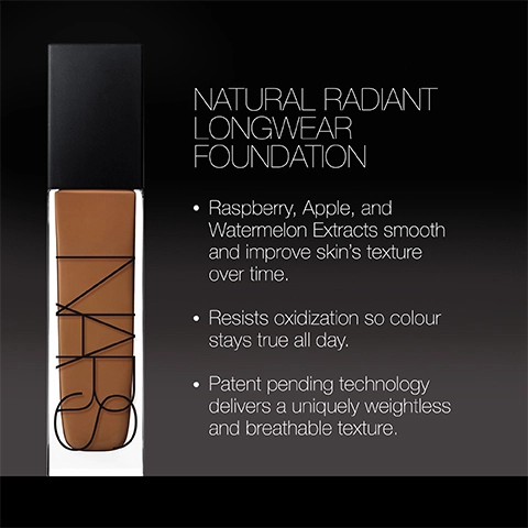 Natural radiant long wear foundation. Raspberry, apple and watermelon extracts smooth and improve skin's texture over time. Resists oxidization so colour stays true all day and patent-pending technology delivers a uniquely weightless and breathable texture