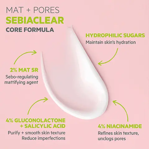 Image 1, MAT+ PORES SEBIACLEAR CORE FORMULA HYDROPHILIC SUGARS Maintain skin's hydration 2% MAT SR Sebo-regulating mattifying agent 4% GLUCONOLACTONE + SALICYLIC ACID Purify + smooth skin texture Reduce imperfections 4% NIACINAMIDE Refines skin texture, unclogs pores Image 2, PROVEN RESULTS 8 DAYS Pores are reduced " 50% Reduction of spots" 85% Sebum regulated 95% Said their skin was smoothed + velvety® 90% Said their skin was radiant SVR MAT + PORES SEBIACLEAR Clone MS HATIRANT HYDRATANT SEBO-RÉGULATEUR ANTI-PORES DILATES MATTIFYING MOISTURISER SEBUM REGULATING ANTI-ENLARGED PORE 85% Ingredients of natural origin TESTED ENDOCRINE DISRUPTORS HYPOALLERGENIC NON-COMEDOGENIC Dermatologically tested on sensitive, combination + oily skin TEXTURE Hydrating oil free fluid Velvety matt finish ECO-RESPONSIBLE 100% recyclable packaging Includes recycled material CO Clinical scoring on 20 volunteers after twice-daily application for 8 days, % change. C) Self-assessment, 20 volunteers, twice-daily application for 28 days, % satisfaction Image 3, HOW TO USE Morning +/or evening Apply over whole face Image 4, SEBIACLEAR Routine Oily, combination + acne-prone skin MORNING SVR SEBACLEAR + SVR SVR WASH-OFF GEL CLEANSE MICRO-PEEL RENEW EVENING MAT PORES REFINE SVR SEBACLEAR + SVR SVR As necessary SVR MICELLAR WATER CLEANSE MICRO-PEEL RENEW MAT PORES REFINE CICAPEEL TREAT