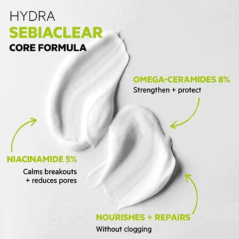 Image 1, HYDRA SEBIACLEAR CORE FORMULA NIACINAMIDE 5% Calms breakouts + reduces pores OMEGA-CERAMIDES 8% Strengthen + protect NOURISHES + REPAIRS Without clogging Image 2, HIGH EFFICACY -41% Red + brown mark reduction -53% Eased flaking + dryness 73% Of users reported 48 hour hydration SVR LABORATOIRE DERMATOLOGIQUE NOUVEAU-NEW HYDRA SEBIACLEAR Nacinamide 50% Cende RÉPARATEUR HYDRATANT APAISANT, ANTI-MARQUES CONFORT LONGUE DURÉE REPAIRING MOISTURISER SOOTHING, ANTI-MARKS LONG-LASTING COMFORT 4 ACTIONS Moisturise, soothe, heal + mattify PARIS TESTED ENDOCRINE DISRUPTORS 100% Dermatologically tested on sensitive skin using acne treatments TEXTURE Melt-in micro-aerated, oil-free, cream mousse CO Usage test, SEBIACLEAR HYDRA, 30 volunteers undergoing acne treatment, twice-daily application, 30 days, clinical tests (2) Usage test, SEBIACLEAR HYDRA, 21 volunteers undergoing a drying treatment program, dally application, 28 days, self-assessment Image 3, HOW TO APPLY A pea sized amount over face + neck Use after cleansing morning +/or night Image 4, SEBIACLEAR Routine Skin undergoing drying acne treatment MORNING SVR ACLEAR + MICELLAR WATER CLEANSE SVR + SVR SVR HYDRA MOISTURISE SPF50+ CREAM PROTECT EVENING SVR + SVR MICELLAR WATER CLEANSE AMPOULE [83] HYDRA TREAT HYDRA MOISTURISE