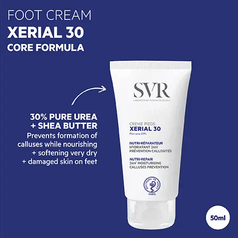 Image 1, FOOT CREAM XERIAL 30 CORE FORMULA SVR LABORATORE DERMATOLOGIO 30% PURE UREA + SHEA BUTTER Prevents formation of calluses while nourishing + softening very dry + damaged skin on feet CREME PIEDS XERIAL 30 Part 30% NUTRI-RÉPARATEUR HYDRATANT 24H PREVENTION CALLOSITÉS NUTRI-REPAIR 24H MOISTURISING CALLUSES PREVENTION PARIS 50ml Image 2, ه HOW TO USE Massage all over feet daily using circular motions Image 3, HIGHLY CONCENTRATED Maintenance cream Repairs + nourishes dry + damaged feet 24hr Hydration SVR LABORATORE COMATOLOGOU CREME PIEDS XERIAL 30 Per 30% NUTRI-RÉPARATEUR HYDRATANT 24H PREVENTION CALLOSITÉS NUTRI-REPAIR 24H MOISTURISING CALLUSES PREVENTION TESTED ENDOCRINE DISRUPTORS GEL-CREAM TEXTURE Absorbs easily Non-greasy 100% SAFE FOR SENSITIVE SKIN Dermatologically tested Hypoallergenic Age 3+ up use test 21 volunteers, 2 times per day% satisfactions patent fled N "FR-09 56 266 PARS + ECO-RESPONSIBLE Fully recyclable packaging