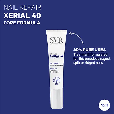 Image 1, NAIL REPAIR XERIAL 40 CORE FORMULA SVR ONGLES XERIAL 40 Pureur 40% GEL ONGLES ABIMÉS, ÉPAISSIS NAILS GEL DAMAGED, THICKENED 40% PURE UREA Treatment formulated for thickened, damaged, split or ridged nails 10ml Image 2, HOW TO USE Dead cells naturally start to shed 4-5 days later In less than 2 weeks, feet are baby soft + visibly transformed! Image 3, TESTED ENDOCRINE DISRUPTORS HIGHLY CONCENTRATED Film-forming active gel Smooths + reduces thickened, ridged or damaged nails Leaves a layer of protection against external aggressors SVR (каскитове срамито SAFE FOR SENSITIVE SKIN ONGLES XERIAL 40 Dermatologically tested Pure urea 40% GEL ONGLES ABIMÉS, ÉPAISSIS NAILS GEL DAMAGED, THICKENED Age 3+ GEL TEXTURE With built-in precision brush applicator