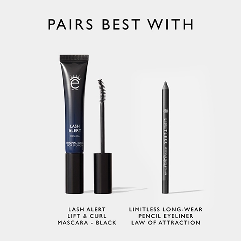 Image of a mascara tube labeled Lash Alert and a pencil eyeliner labeled Limitless, with the text PAIRS BEST WITH at the top, and product descriptions for both items below.