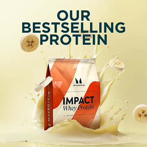 Image 1 - A protein powder package splashes in a creamy background with bananas and the text OUR BESTSELLING PROTEIN and MYPROTEIN IMPACT Whey Protein to support an active lifestyle.
Image 2 - A protein powder package labeled IMPACT Whey Protein with details stating 22.7g protein per 30g, less than 116 kcal, and zero added sugar, in banana flavor, with a tagline encouraging users to build muscle and boost recovery.
Image 3 - A nutritional information chart for unflavored whey protein concentrate powder, detailing ingredients, serving instructions, important warnings, and specific nutritional values per 100g and per 30g serving, along with visible logos and recycling information.
Image 4 - A person is holding a black container with a silver lid while using a gold measuring scoop to add powder into it, with visible text that includes THG NUTRITION (INDIA) PRIVATE LIMITED, fssai, and customer care information.
Image 5 - An image showing a golden measuring scoop filled with powder next to a black container, with icons and text stating PREMIUM WHEY PROTEIN CONCENTRATE, EXPERTLY FORMULATED IN UK, SUITABLE FOR VEGETARIANS, and the phrase Empowering over 20 million customers worldwide.
Image 6 - Image depicting three steps to authenticate a product, with step-by-step instructions: locate and scratch the sticker at the back of the pack to reveal the unique code, scan the QR code for verification, and enter the 12-digit code to confirm the authenticity of your IMPACT Whey Protein.