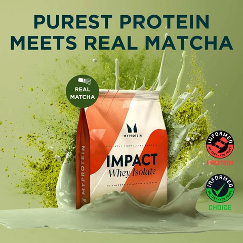 Image 1, make an impact from day one, build muscle and boost your recovery. 22g protein per 25g, 88% protein. less than 92 kcal, zero added sugar. image 2, impact whey isolate. whey protein isolate ready to mix powder. nutritional information. image 3, THG nutrition private limited 203, 2nd floor, time tower, gurugram, haryana-122002. customer care: retailed and marketed by THG nutrition private limited, 2nd floor, unit number 203, time tower, MG road, sector-28, sushant lok phase 1, gurgaon-122002, india. manufactured by zeon lifesciences limited, healthcare-2, village kunja, rampur road, paonta, sahib-173025. for complaints, feedback, suggestions, contact cosnumer care executive at email: myprotein.india@thehutgroup.com or tel 00080 0040 3880. for contact address refer retailer address. image 4, purest whey protein isolate. expertly formulated in the uk. suitable for vegetarians. empowering over 20 million customer worldwide. Image 5, india's purest whey isolate. Image 6 - A red and white Myprotein Impact Whey Protein bag is prominently displayed on a vibrant green background with splashes of matcha powder and liquid, featuring text that reads Our Bestseller With Real Matcha, Ceremonial Grade Matcha, Myprotein, Expertly Formulated Protein, Impact Whey Protein, To Support An Active Lifestyle, Informed Sports We Test You Trust Protein, and Informed Choice We Test You Trust Choice.