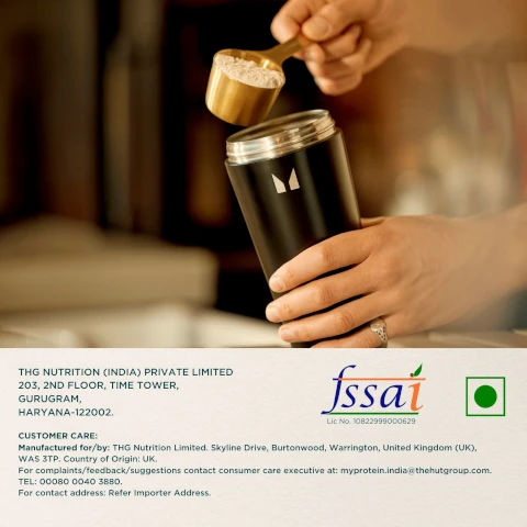 A hand holding a golden scoop of powder above a black cylindrical container with a logo on it, accompanied by text at the bottom detailing the companys address and customer care contact information, including the FSSAI logo and license number.