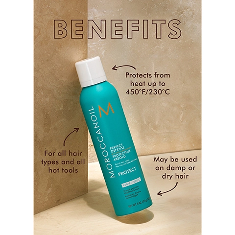 BENEFITS. Protects from heat up to 450 degrees farenheit 230 degrees celcius. For all hair types and all hot tools. May be used on damp or dry hair.