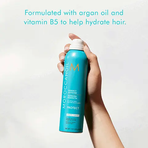Image 1: Formulated with argan oil and vitamin B5 to help hydrate hair. Image 2: Spray on hair before using hot tools for protection up to 450/230. Image 3: benefits protects from heat up to 450/230, for all hair types and all hot tools, may be used on damp or dry hair