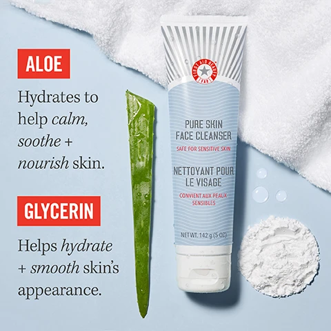 Image 1, aloe hydrates to help calm, soothe and nourish skin. glycerin helps hydrate and smooth skin's appearance. image 2, helps remove makeup, dirt and impurities without stripping skin. image 3, fragrance free, safe for sensitive skin. image 4, luxurious creamy and gentle formula that leaves skin soft and supple.
