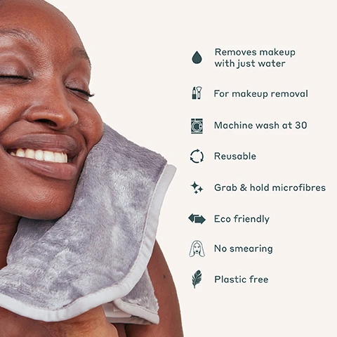 Image 1 - A smiling woman with dark skin is holding a gray makeup removal cloth against her cheek, with text next to her outlining features: removes makeup with just water, for makeup removal, machine wash at 30, reusable, grab & hold microfibres, eco friendly, no smearing, plastic free.
              Image 2 - Illustration comparing dry and wet microfibre cleansing cloth textures, showing dry cloths with smooth, wavy lines on the left and wet cloths with more pronounced, rounded textures and circular shapes on the right, with the text WIPE OUT and Microfibre Cleansing Cloths at the top, and DRY and WET labels below each respective section.
              Image 3 - A stack of six light blue microfiber makeup remover cloths is arranged on a marble surface, with floating text indicating features such as Removes makeup with warm water, Machine Washable, MicroFibre, Re-use 1000s of times, and Plastic free.