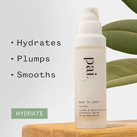 Image 1 - Image of a white bottle with a pump labeled pai on a wooden surface, showing text that reads Hydrates, Plumps, Smooths, and includes product details stating BACK TO LIFE, Hydrate, Jojoba & Hyaluronic Acid, Hydration Serum, Sérum Hydratant, with a green rectangle labeled HYDRATE.
              Image 2 - A bottle of Pai Back to Life Hydration Serum sits on a textured cream-colored fabric with visible text stating 88% said it hydrates without irritation, along with certification logos and the note for a two-week user trial of 100 women.