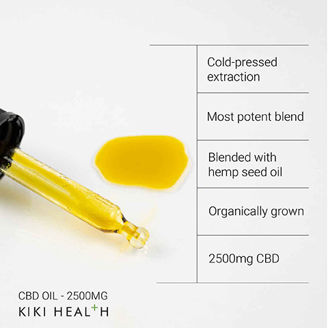 Image 1 - An oil dropper containing yellow CBD oil with a small puddle of oil nearby, alongside text that reads Cold-pressed extraction, Most potent blend, Blended with hemp seed oil, Organically grown, 2500mg CBD, KIKI HEALTH, CBD OIL - 2500MG.
