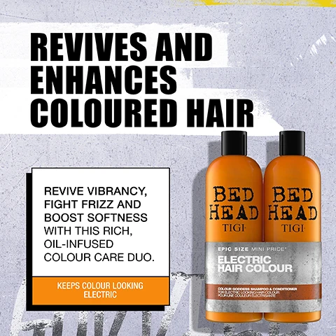 Image 2 - The image shows two orange Tigi Bed Head shampoo and conditioner bottles against a grey, textured background, accompanied by text that reads: REVIVES AND ENHANCES COLOURED HAIR, REVIVE VIBRANCY, FIGHT FRIZZ AND BOOST SOFTNESS WITH THIS RICH, OIL-INFUSED COLOUR CARE DUO, KEEPS COLOUR LOOKING ELECTRIC, and on the bottles, BED HEAD TIGI EPIC SIZE MINI PRICE* ELECTRIC HAIR COLOUR, COLOUR GODDESS SHAMPOO & CONDITIONER FOR ELECTRIC LOOKING HAIR COLOUR POUR UNE COULEUR ÉLECTRISANTE. Image 3 - An advertisement image on a black, textured background shows a white stripe with the text THE ANTIDOTE TO FADED, DULL STRANDS, below which is a white information box with a detail of copper-colored hair strands at the bottom, containing the text PERFECT FOR COLOURED HAIR THAT HAS LOST ITS VIBRANCY & SHINE, BENEFICIAL INGREDIENT FRIZZ SHIELDS, OILS & KERATIN TO NOURISH & SUPPORT SHINE, and an orange section displaying DAMAGE LEVEL 2 alongside a corresponding damage level bar graphic with number 2 highlighted. Image 4 - An advertisement displays a Bed Head TIGI Colour Goddess shampoo bottle in orange, partially submerged in white cream, with the overarching text Cleanse and Protect, and product details including Shampoo, Gently cleanses and nourishes coloured hair, Cares for and maintains colour vibrancy, Gives that shiny, salon finish, and the bottle label reading Bed Head TIGI Colour Goddess Oil Infused Shampoo for Coloured Hair, with multilingual descriptions and 25.36 US FL. OZ./750 ml. Image 5 - A conditioner advertisement titled SMOOTH AND NOURISH, featuring an orange bottle of BED HEAD TIGI COLOUR GODDESS Oil Infused Conditioner for Coloured Hair, which is also labeled in French as Soin enrichi en extraits végétaux pour cheveux colorés, in Spanish as acondicionador con infusión de aceite para cabello teñido, in Italian as Conditioner ricco di oli nutrienti per capelli colorati, and in German as Ölhaitiger Conditioner für coloriertes Haar in a 25.36 US FL. OZ./750 ml e size, with white product streaks in the background, and text listing benefits: CONDITIONER SOFTENS AND SMOOTHS DAMAGED STRANDS, REDUCES FRIZZ AND BOOSTS HYDRATION, OIL-INFUSED FOR COLOUR CARE. Image 6 - A graphic displays a hair colour care routine with a grayscale city background, featuring text that reads: YOUR COLOUR CARE ROUTINE, followed by STEP 1 SHAMPOO, BUILD BIG LATHER, THEN RINSE. STEP 2 APPLY CONDITIONER TO MID-LENGTHS AND ENDS. LEAVE IN FOR 3-5 MINUTES, THEN RINSE. USE AS A SYSTEM FOR BEST RESULTS. Below, FRAGRANCE AN INDULGENT CREAMY, TOFFEE FRAGRANCE is shown next to an orange box with the logo urban anti+dotes.