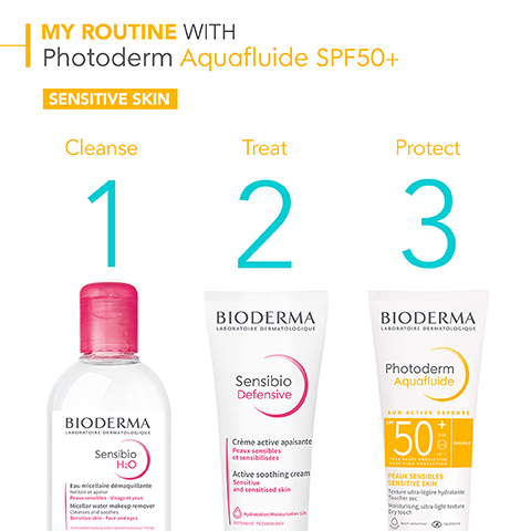 MY ROUTINE WITH Photoderm Aquafluide SPF50+ SENSITIVE SKIN Cleanse Treat Protect 1 2 3 BIODERMA LABORATOIRE DERMATOLOGIQUE BIODERMA LABORATOIRE DERMATOLOGIQUE Sensibio Defensive Photoderm Aquafluide BIODERMA Sensibio H:O Eau micellaire démaquillan Micellar water make Crème active apaisante Peaux sensibles et sensibilisées Active soothing cream Sensitive and sensitised skin SUN ACTIVE DEFENSE 50%- PEAUX SENSIBLES SENSITIVE SKIN Toure ultra-legre hydra There Moisturising ultra-light Cry TECHN