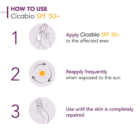 HOW TO USE Cicabio SPF 50+ 1 2 3 Apply Cicabio SPF 50+ to the affected area Reapply frequently when exposed to the sun Use until the skin is completely repaired