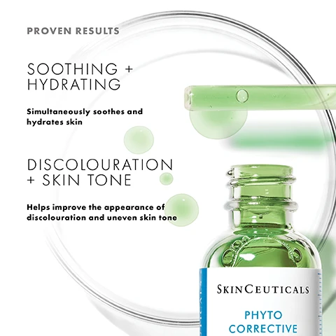 Image 1 - An image featuring a green skincare bottle labeled SkinCeuticals PHYSICAL CORRECTIVE alongside floating green droplets, with text reading PROVEN RESULTS, SOOTHING + HYDRATING, Simultaneously soothes and hydrates skin, DISCOLOURATION + SKIN TONE, and Helps improve the appearance of discolouration and uneven skin tone.
              Image 2 - A dropper containing a green liquid is positioned above a petri dish with several green droplets, accompanied by text that reads KEY INGREDIENTS, 4.5% THYME, OLIVE, AND CUCUMBER EXTRACTS, and HYALURONIC ACID.
              Image 3 - Close-up of a womans face with smooth skin, highlighting a drop of serum being applied to her cheek, and the text Soothes + hydrates skin displayed next to it.
              Image 4 - Image shows a skincare regimen with four steps listed above corresponding products, including Phloretin CF, Phyto Corrective, Triple Lipid Restore, and Ultra Facial UV Defense Sunscreen SPF 50. Visible text includes COMPLETE THE MORNING REGIMEN, STEP 1 PREVENT, STEP 2 CORRECT, STEP 3 MOISTURISE, and STEP 4 PROTECT.