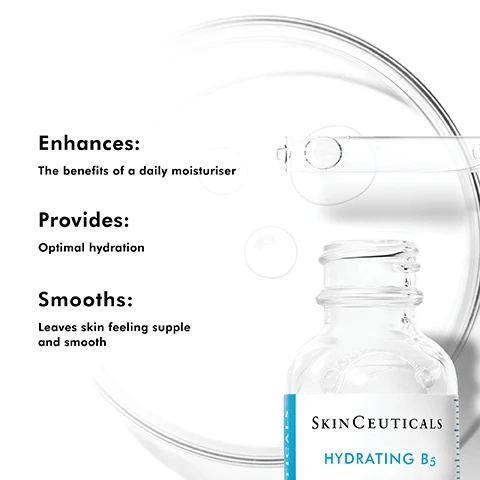 Image 1 - A clear bottle of SkinCeuticals Hydrating B5 serum is shown with a dropper dispensing liquid, accompanied by text that highlights its benefits: enhances the benefits of a daily moisturiser, provides optimal hydration, and smooths leaving skin feeling supple and smooth.
              Image 2 - Close-up of a womans face with a dropper applying a serum on her cheek, featuring text that reads Enhances radiance and leaves skin feeling supple and smooth.
              Image 3 - Image showing a skincare regimen with four steps labeled as prevent, moisturise, correct, and protect, featuring products: C E Ferulic, Hydrating B5, Triple Lipid Restore 2:4:2, and Ultra Facial Defense Sunscreen SPF 50.