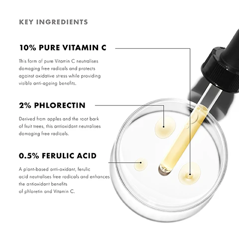 Image 1 - Image showing a dropper above a petri dish with three yellow oil droplets; text includes key ingredients: 10% pure vitamin C, 2% phlorcetin, and 0.5% ferulic acid, along with descriptions of their antioxidant properties and benefits.
              Image 2 - An amber glass bottle labeled SkinCeuticals Phloretin CF is shown with yellow oil droplets and a dropper, accompanied by text that states improves uneven skin tone and skin texture, diminishes the look of dullness and visible discolouration, and reduces the appearance of fine lines.
              Image 3 - Close-up of a womans face showing a pipette applying a drop of serum to her skin, with the text Diminishes visible discolouration + neutralises free radicals overlaying the image.
              Image 4 - Image of several droplets of a lightweight serum on a white background, with visible text stating AT A GLANCE, TEXTURE: Lightweight serum, and SKIN TYPE: Normal, Combination.
              Image 5 - Image depicting a skincare morning regimen with four steps: Step 1 - PHLORETIN CF, Step 2 - H.A. INTENSIFIER MULTI-GLYCAN, Step 3 - AGE INTERRUPTER ADVANCED, Step 4 - ADVANCED BRIGHTENING UV DEFENSE SUNSCREEN SPF 50.