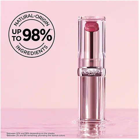 Image 1, natural origin ingredients, up to 98%*. *between 92& and 98% depending on the shade. *between 2% and 8% depending on the lipstick colours. Image 2, lips so healthy looking they glow.