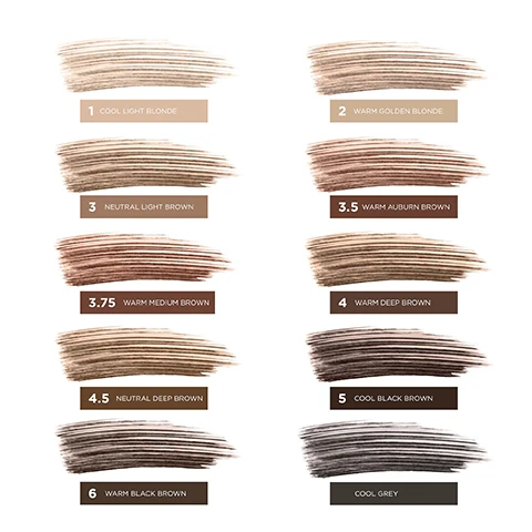 Image 1 - Image shows a color chart with various hair dye shades labeled from 1 to 6, including cool light blonde, warm golden blonde, neutral light brown, warm auburn brown, warm medium brown, warm deep brown, neutral deep brown, cool black brown, warm black brown, and cool grey.
              Image 2 - A silver mascara tube with a black wand labeled FULL SIZE and a smaller silver tube also labeled MINI, both featuring the text GIMME BROW+ and the brand name benefit.
              Image 3 - Image shows a close-up of a black mascara brush on the left and a pink box on the right with bullet points stating: Volumizes, tames & tints, Tiny, tapered brush for mess-free application, Microfibers add natural-looking fullness.