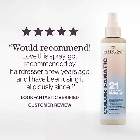 Image 1, lookfantastic verified customer review - would recommend, love this spray, got recommended by hairdresser a few years ago and i have been using it religiously since. image 2, neil moodie pureology UKI ambassador said - pro favourite. i use this on every client as it detangles and primes the hair for styling, plus it protects from heat. the end results leaves the hair soft and looking shiny. image 3, benefit - detangles, moisturises, heat protects, smooths frizz and adds shine. image 4, olive oil, camelina seed oil, xylose, coconut oil image 5, vegan formulas, sulfate free for a gentle cleanse. recycled bottles made from post consumer recycled materials. every formula is made without animal products or by products. pureology never tests on animals. our shampoo and conditioner bottles excluding cap are created with 95% post consumer recycled materials.