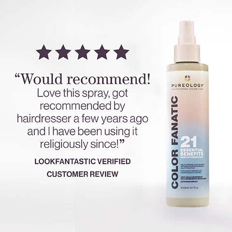 Image 1, lookfantastic verified customer review - would recommend, love this spray, got recommended by hairdresser a few years ago and i have been using it religiously since. image 2, neil moodie pureology UKI ambassador said - pro favourite. i use this on every client as it detangles and primes the hair for styling, plus it protects from heat. the end results leaves the hair soft and looking shiny. image 3, benefit - detangles, moisturises, heat protects, smooths frizz and adds shine. image 4, olive oil, camelina seed oil, xylose, coconut oil image 5, vegan formulas, sulfate free for a gentle cleanse. sustainable bottles made from post consumer recycled materials. every formula is made without animal products or by products. pureology never tests on animals. our shampoo and conditioner bottles excluding cap are created with 95% post consumer recycled materials.