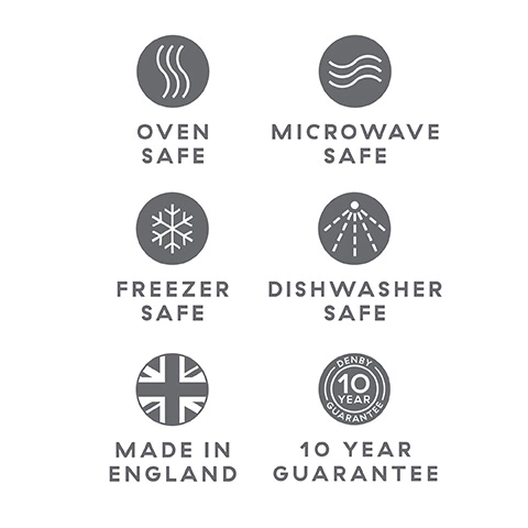 Oven safe, microwave safe, freezer safe, dishwasher safe, made in England, 10 year guarantee.