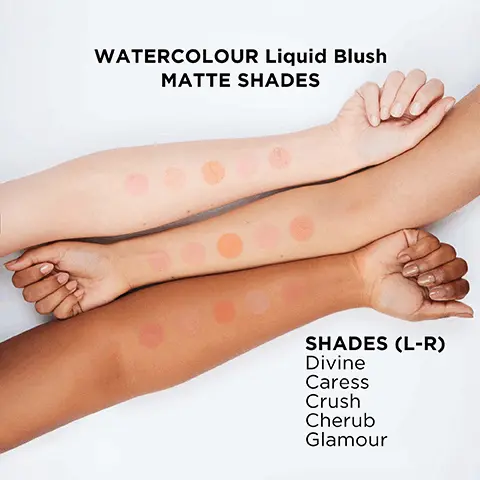 Image 1, WATERCOLOUR Liquid Blush SHIMMER SHADES SHADES (L-R) Spicey Angel So Pretty Image 2, WATERCOLOUR Liquid Blush MATTE SHADES SHADES (L-R) Divine Caress Crush Cherub Glamour Image 3, WATERCOLOUR Liquid Blush MATTE SHADES SHADES (L-R) Divine Caress Crush Cherub Glamour Image 4, BLUSH - MATTE Offering sheer colour with no shimmer for an ultra natural-looking flush of colour. Perfect for the daytime. CHERUB GLAMOUR CARESS DIVINE CRUSH Image 5, BLUSH - SHIMMER Perfect if you love a bit of sparkle, or to transform a look from day to night. ANGEL SPICEY SO PRETTY Image 6, BLUSH - SATIN With just a touch of subtle shimmer, our satin- finish blushes give a youthful wash of colour and a radiance to the skin. GENTLE ACID Image 7, BLUSH - ILLUMINATOR Our illuminators contain subtle pearl particles that gently catch the light, and look lovely swept above cheekbones. Lightly pigmented, they give a whisper of colour with a gorgeous radiance that will lift your complexion. TEASE GRACE