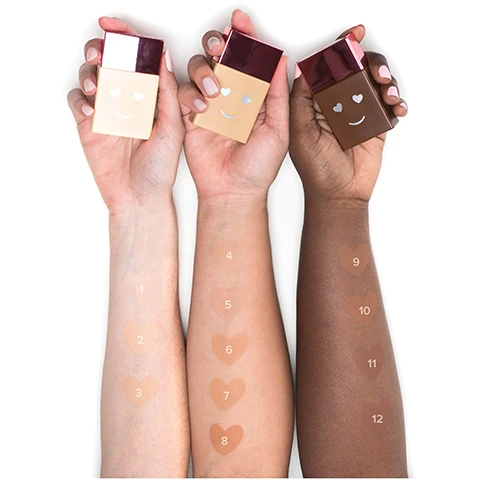 swatches on three different skin tones showing the 12 shades