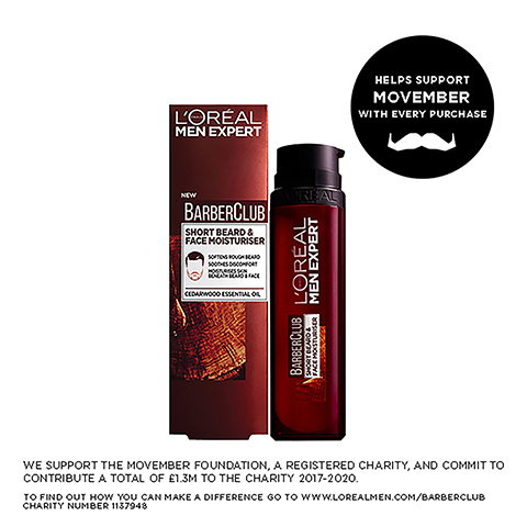  Image shows LOréal Men Expert Barberclub Short Beard & Face Moisturiser product packaging and bottle alongside a Movember support badge, reading LORÉAL MEN EXPERT NEW BARBERCLUB SHORT BEARD & FACE MOISTURISER SOFTENS ROUGH BEARD SOOTHES DISCOMFORT MOISTURISES SKIN BENEATH BEARD & FACE CEDARWOOD ESSENTIAL OIL HELPS SUPPORT MOVEMBER WITH EVERY PURCHASE WE SUPPORT THE MOVEMBER FOUNDATION, A REGISTERED CHARITY, AND COMMIT TO CONTRIBUTE A TOTAL OF £1.3M TO THE CHARITY 2017-2020. TO FIND OUT HOW YOU CAN MAKE A DIFFERENCE GO TO WWW.LOREALMEN.COM/BARBERCLUB CHARITY NUMBER 1137948.