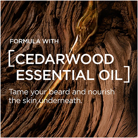Image 1 - Image shows a close-up of wood grain with a drop of golden liquid dripping with the text FORMULA WITH [CEDARWOOD ESSENTIAL OIL] Tame your beard and nourish the skin underneath. Image 2 - A dollop of white cream on a brown textured surface with the text LIGHT, NON GREASY GEL. Image 3 - Three LOréal Men Expert Barber Club products are shown with steps and text: 1 LOréal Men Expert BarberClub Beard, Face & Hair Wash, CLEAN IT; 2 LOréal Men Expert BarberClub Beard & Face Moisturiser, SOFTEN IT; 3 LOréal Men Expert BarberClub Beard & Hair Styling Cream, STYLE IT.